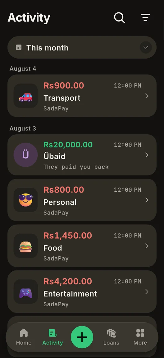The Activity screen listing transactions grouped by day, each with its category icon, amount and account