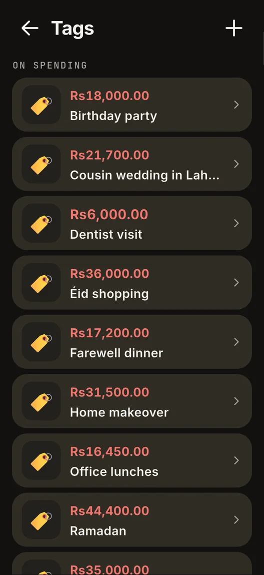 The Tags screen listing named tags such as Cousin wedding and Eid shopping with the total spent against each