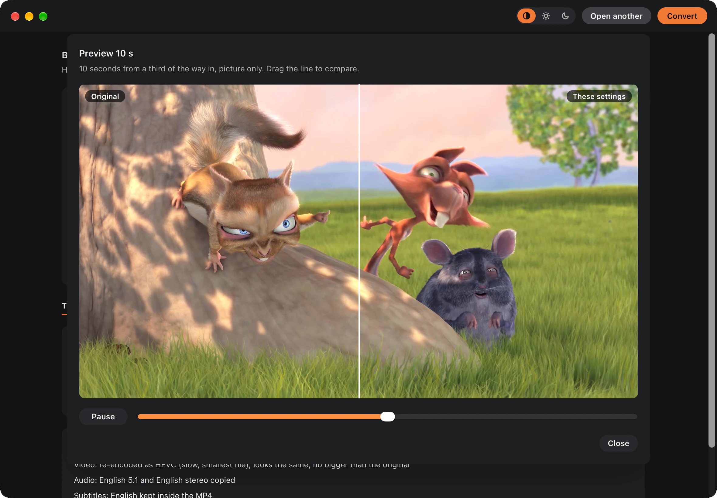 The preview: a scene from Big Buck Bunny split down the middle, Original on the left and These settings on the right.