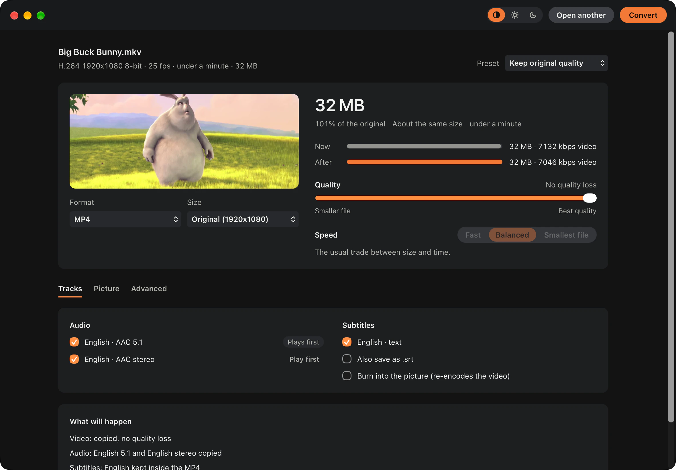 Mediamorph with Big Buck Bunny open: a frame of the film, the size staying at 32 MB with no quality loss, and two English audio tracks and English subtitles ticked.