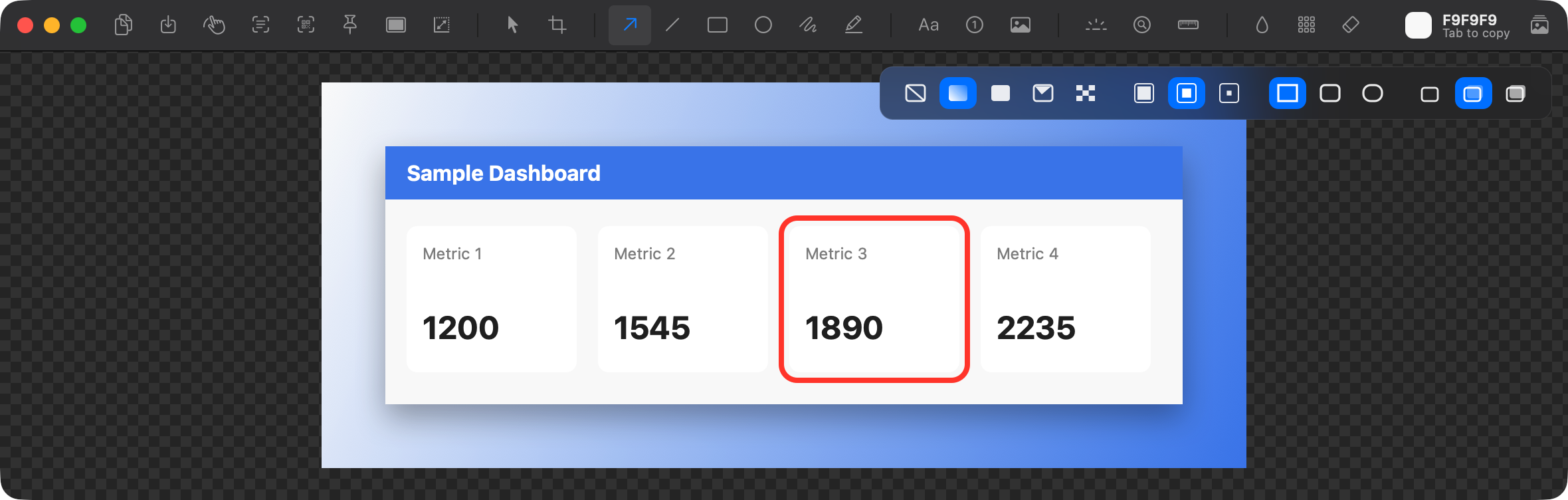 The editor showing the dashboard header and metric cards, a red box round the third, on a pale to blue gradient with rounded corners and a shadow, with the backdrop options above it.