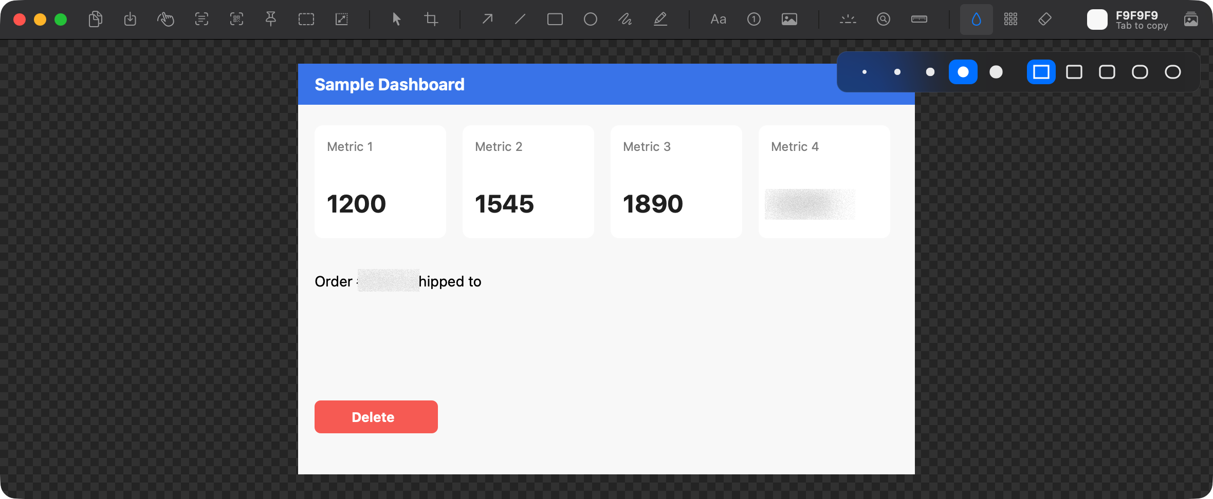 A dashboard capture with the order number and the fourth metric blurred and the street address erased, the blur options above it.