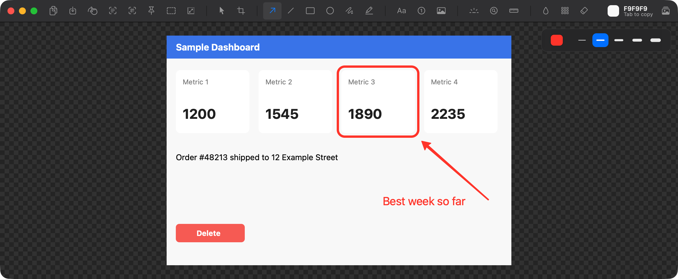The Tinysnap editor showing a dashboard capture, with a red box around the third metric, an arrow pointing at it and the note Best week so far.