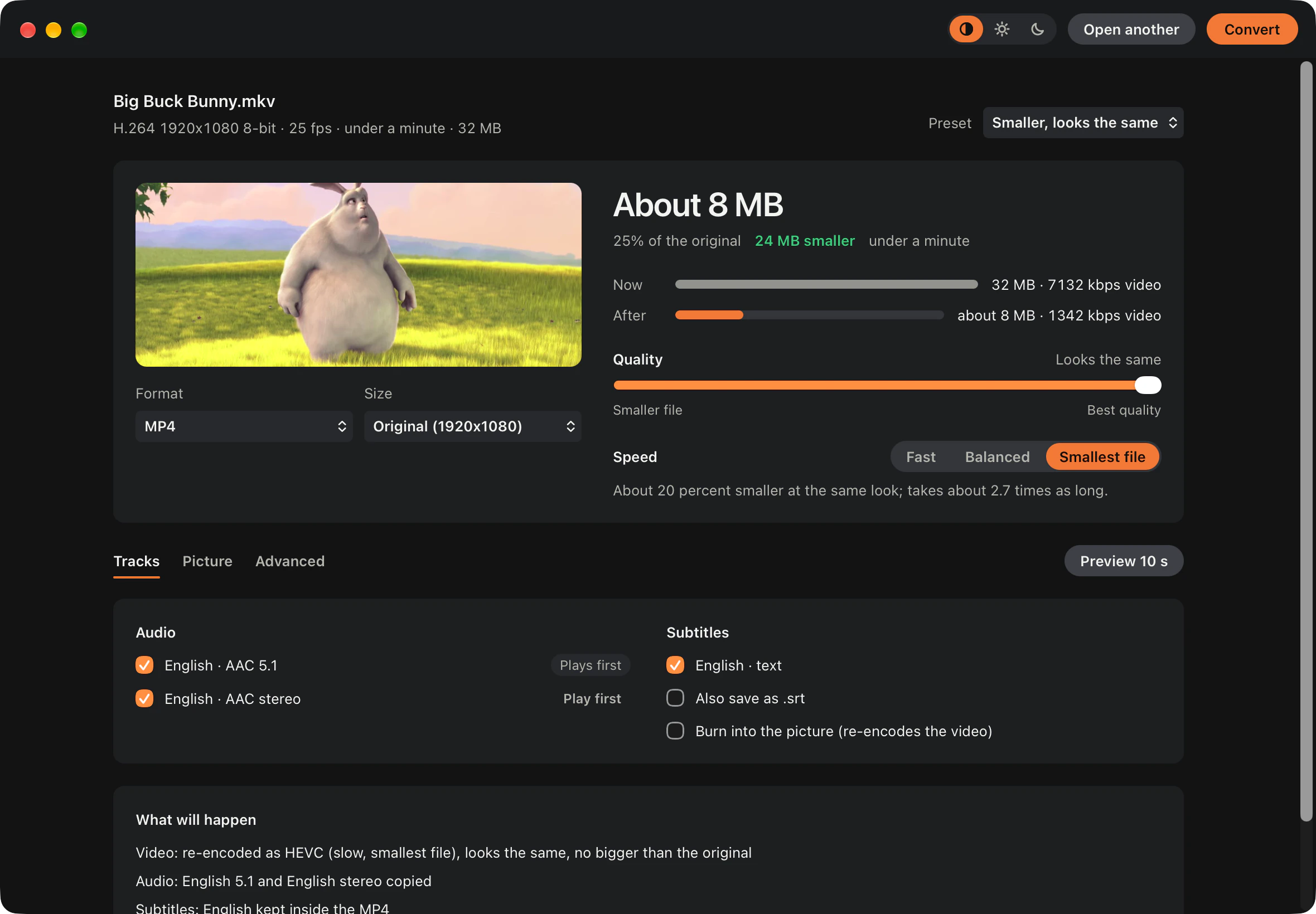 The same film set to Smaller, looks the same: about 8 MB, 25 percent of the original and 24 MB smaller, with Smallest file chosen for speed.